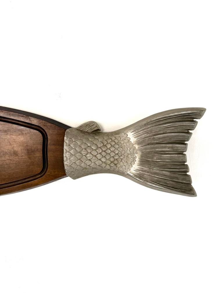 Vintage zalmforel snijplank in teak & zilver ‘60, 22 cm, Hout, Vintage, Decoratieobject