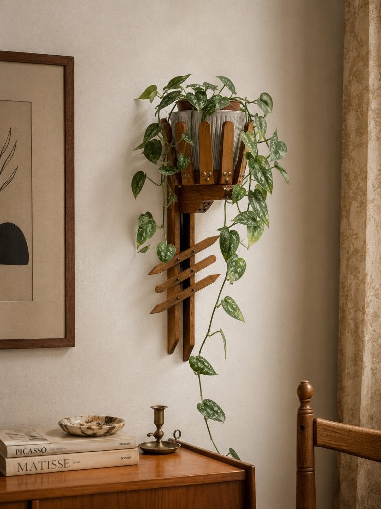 Vintage houten Scandinavische plantenhouder messing details, Tuin en Terras, Overige materialen, Gebruikt, Binnen, Ophalen of Verzenden