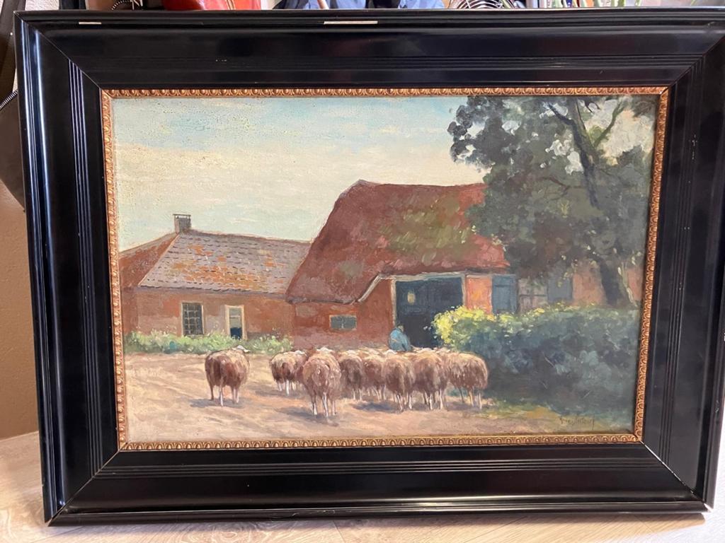 Olieverfschilderij Schaapherder met kudde bij boerderij, Ophalen of Verzenden