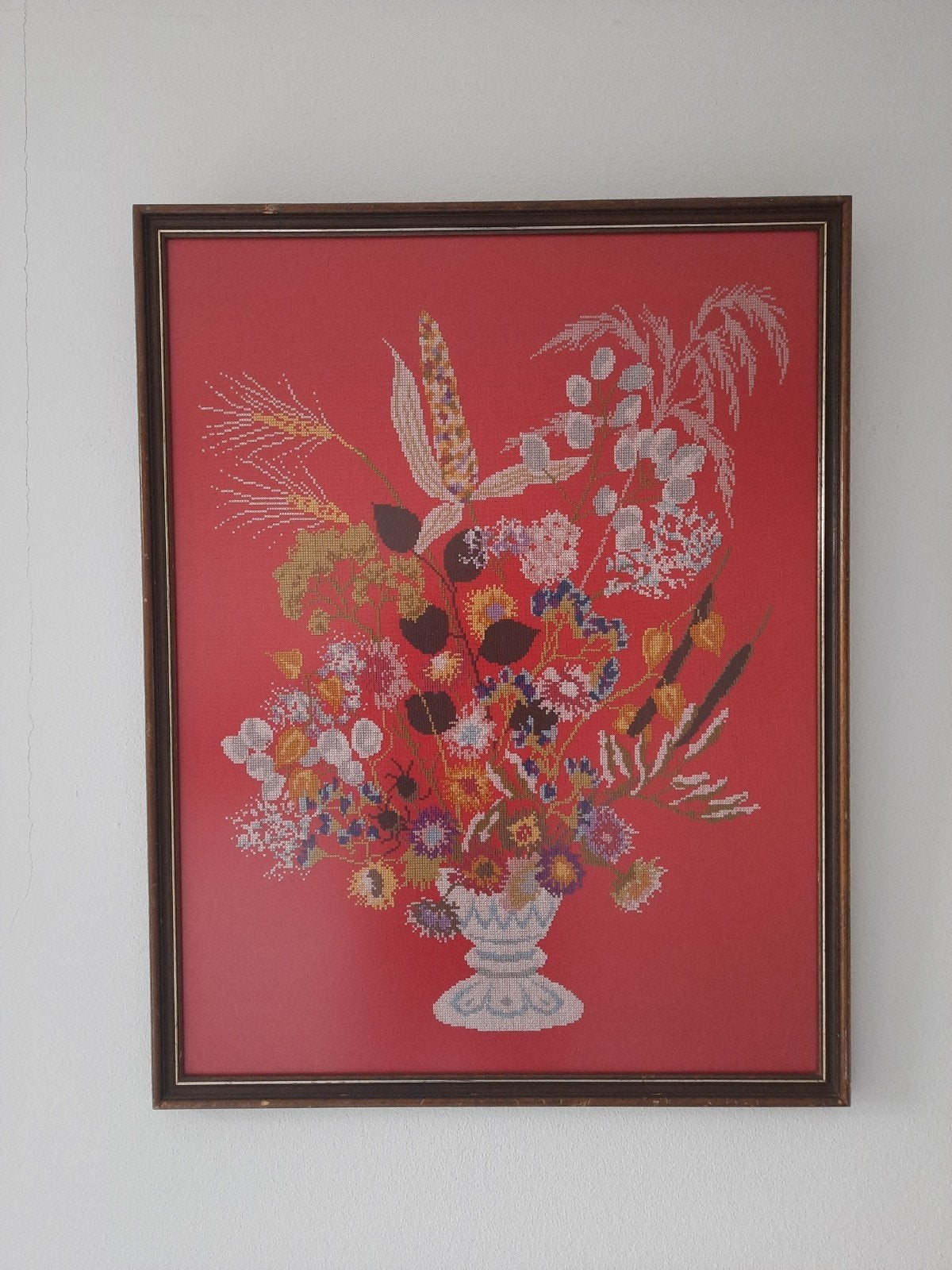 Geborduurd bloemen schilderij in lijst met glas 53,5  69cm, Huis en Inrichting, Woonaccessoires | Schilderijen, Tekeningen en Foto's