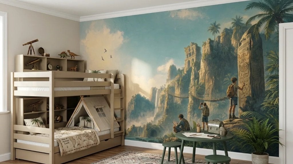 Jungle behang – tropische ruïnes met hangbruggen op maat, Huis en Inrichting, Stoffering | Behang, Overige merken, Modern, Ophalen of Verzenden