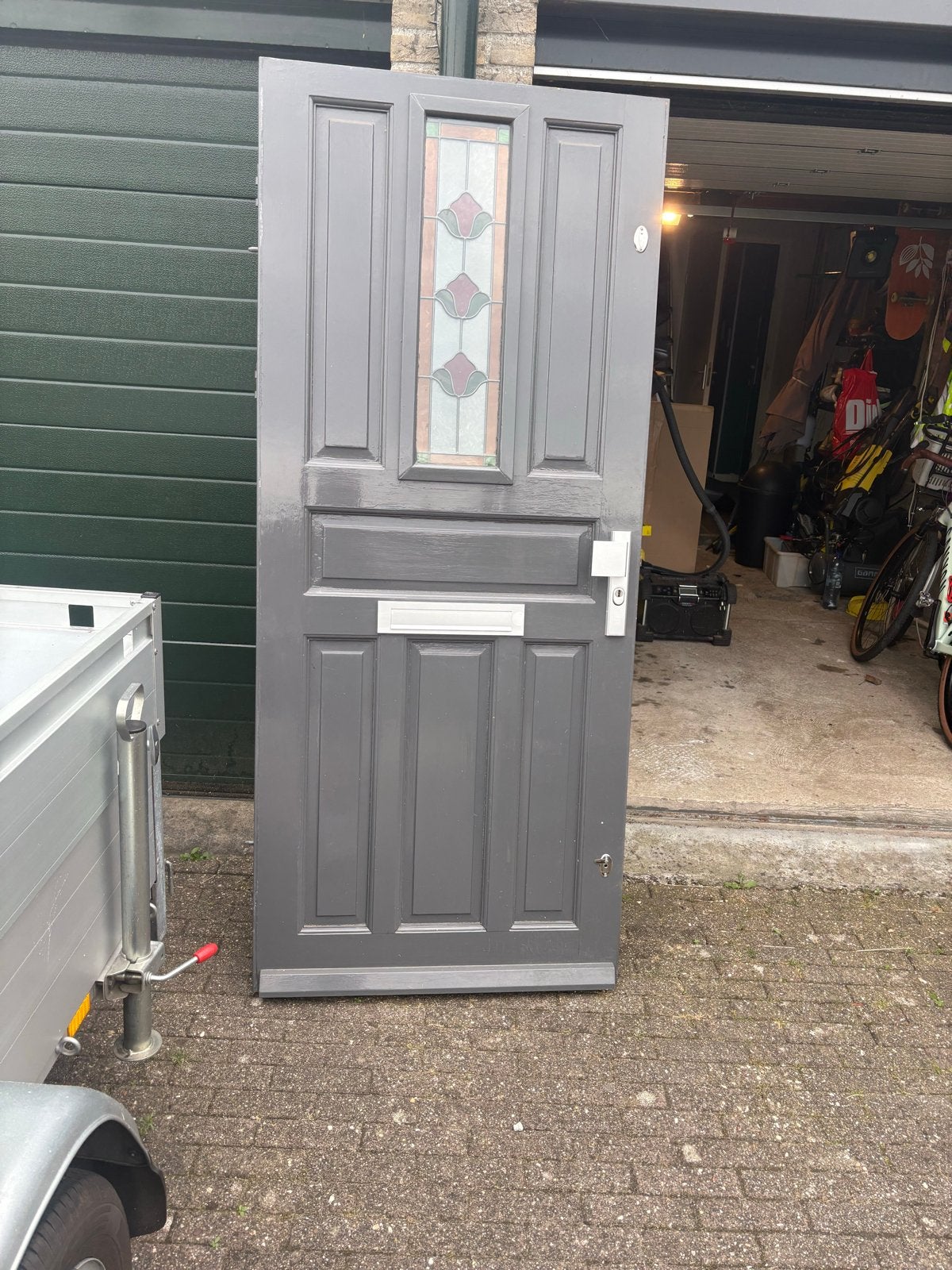 Grijze buitendeur met glas in lood, 78.2x205 cm, Gebruikt, Minder dan 80 cm, Ophalen of Verzenden, Buitendeur