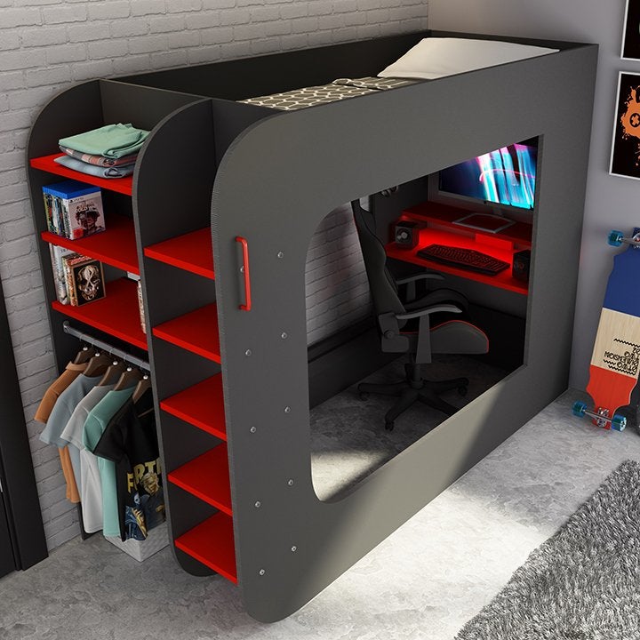 The Cube 5032 Gamingbed hoogslaper - 90x200 - Antraciet, Niet ingevuld, Niet ingevuld, Niet ingevuld