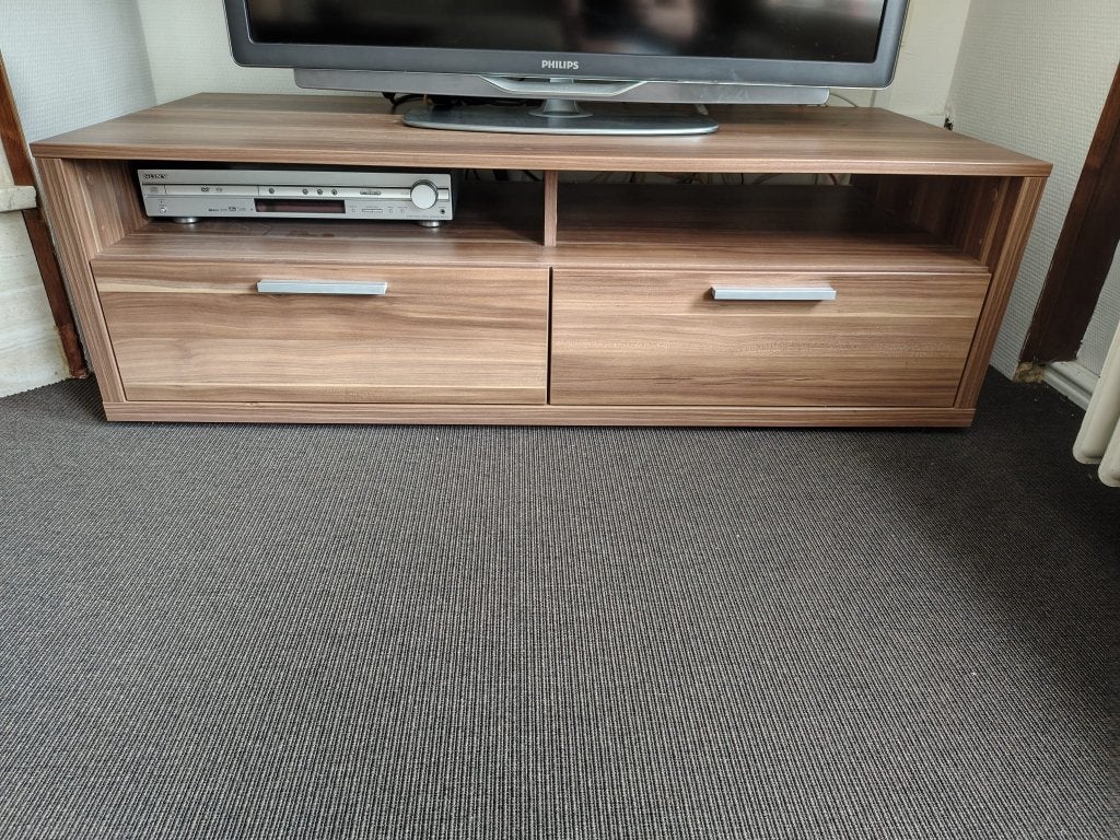 TV-meubel houtlook 123 x 55 cm met 2 ruime lades, Ophalen, Gebruikt, 100 tot 150 cm, Minder dan 100 cm