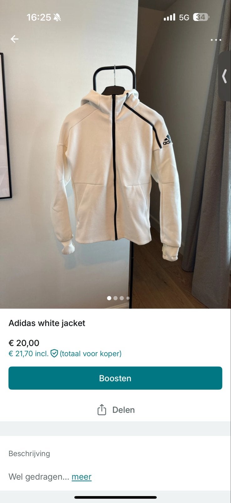 Adidas wit jack met capuchon, Ophalen of Verzenden, Gedragen, Maat 36 (S), Wit