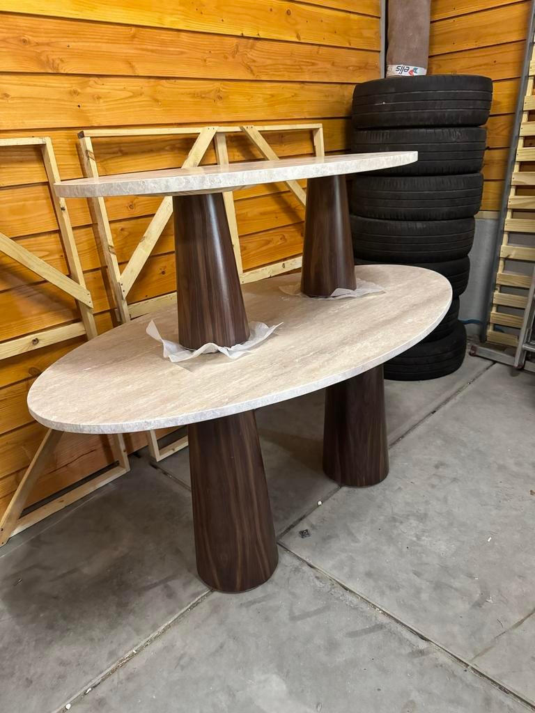Eettafel en salontafel met travertin blad en houten poten, Huis en Inrichting, Tafels | Eettafels, Ophalen, Travertine, Overige materialen