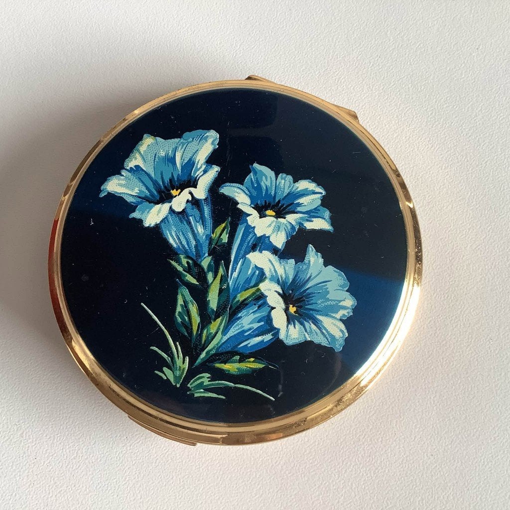 vintage Stratton poederdoos met blauwe bloemen, Ophalen of Verzenden