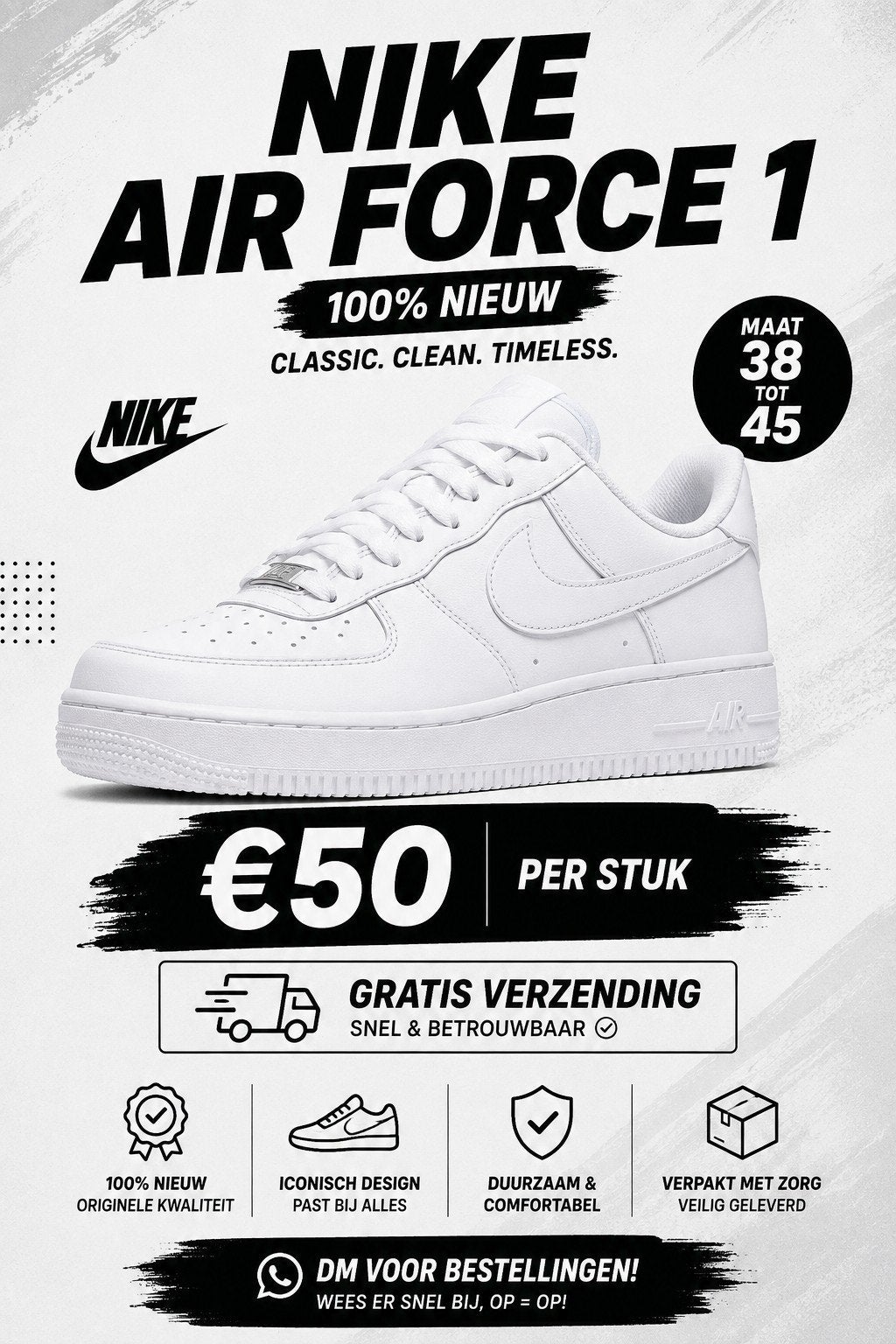 Nike Air Force 1 - 100% Nieuw, Maten 38-45, Wit, Nike, Nieuw, Ophalen of Verzenden