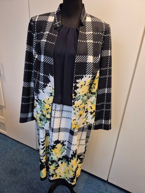 Jurk met jasje blauw/wit/geel maat 46/48, Kleding | Dames, Jurken, Blauw, Ophalen of Verzenden, Zo goed als nieuw, Onder de knie