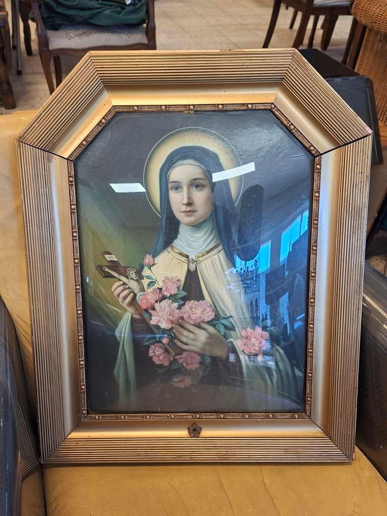 Antiek religieus schilderij in achthoekige lijst, Ophalen of Verzenden