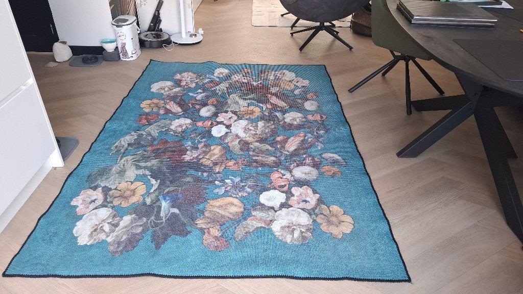 Vloerkleed met bloemenprint, turquoise, Ophalen, Bloemenprint, modern, kleurrijk, 150 tot 200 cm, Crème