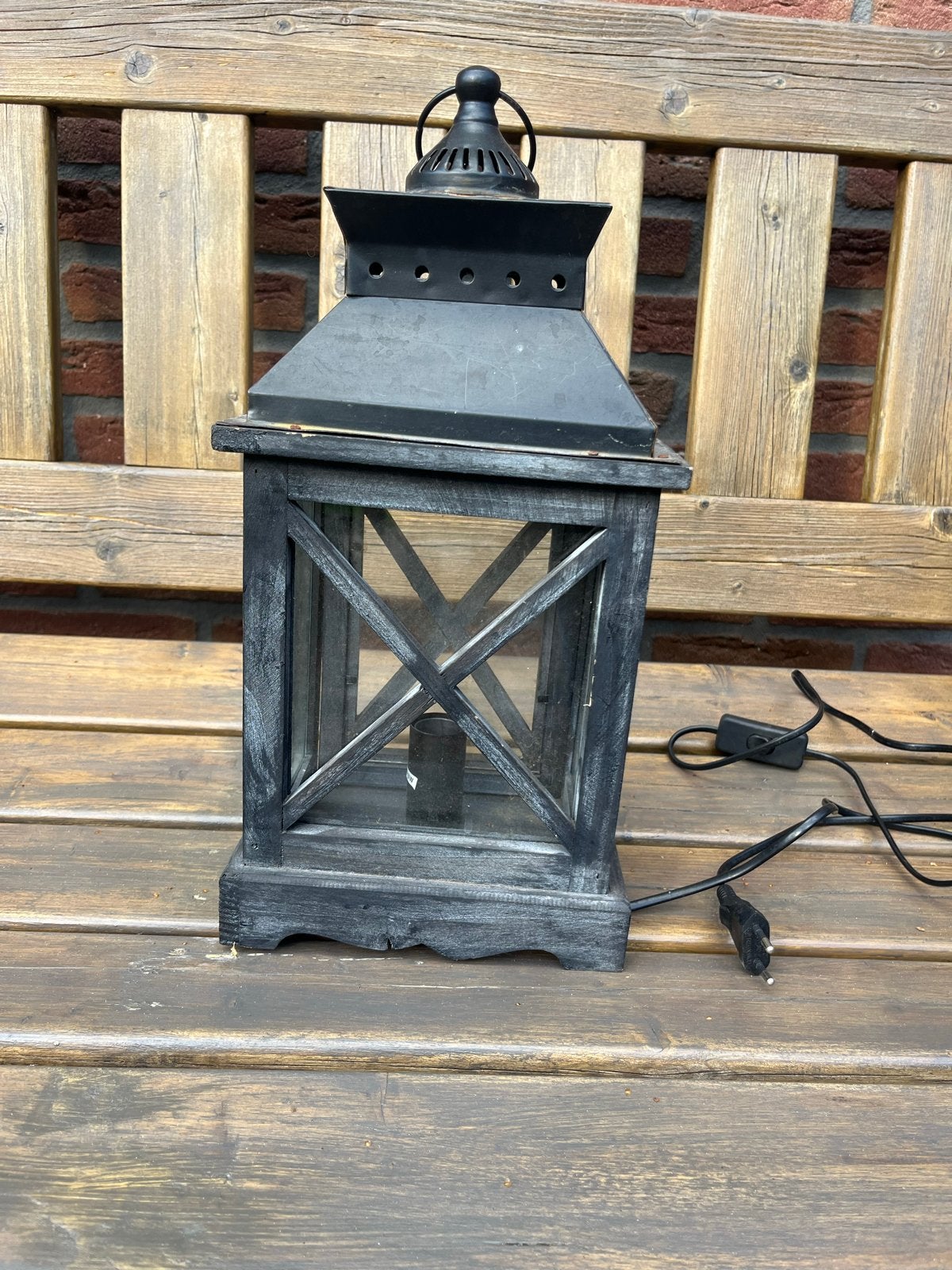 Sfeervolle zwarte houten lantaarn met verlichting, Overige merken, Gebruikt, Zwart, Overige fittingen