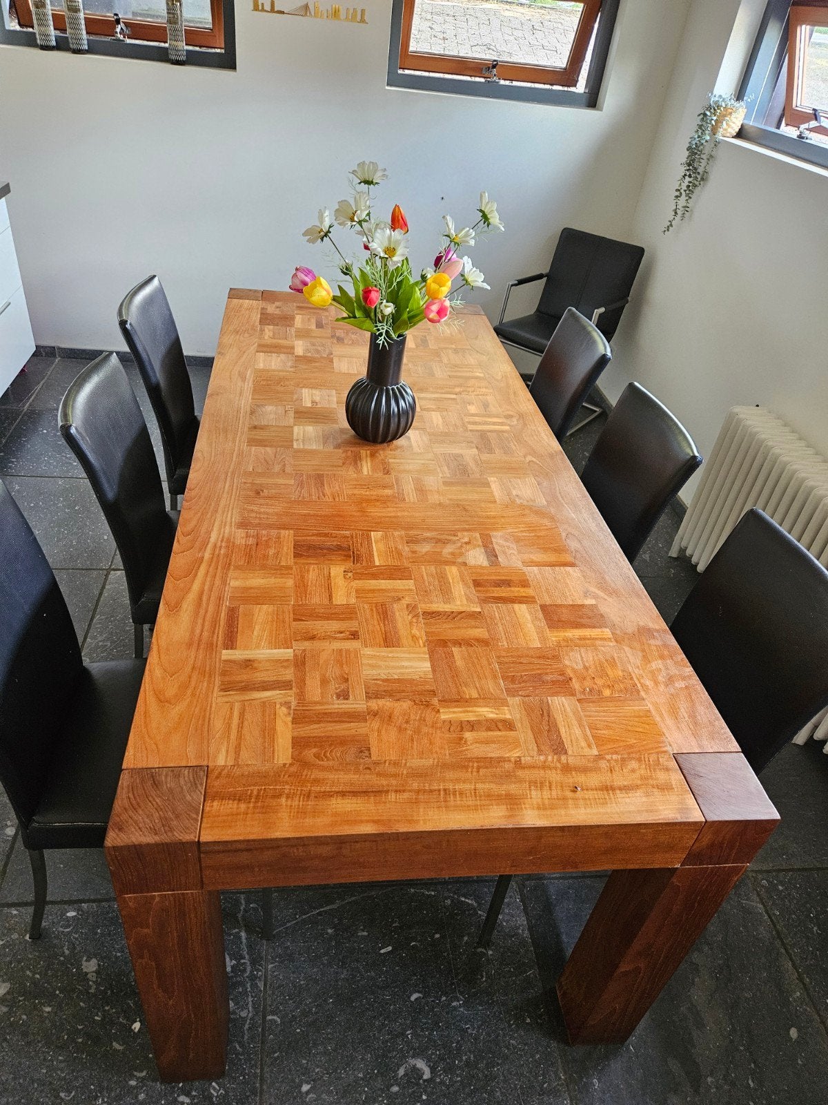 Massief houten eettafel met mozaïek blad, Ophalen, Teakhout, 200 cm of meer, 50 tot 100 cm