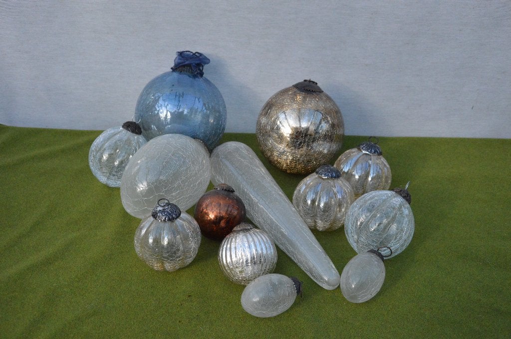 13 vintage glazen heksen ballen/ kerstballen met metalen haa, Ophalen of Verzenden, Gebruikt