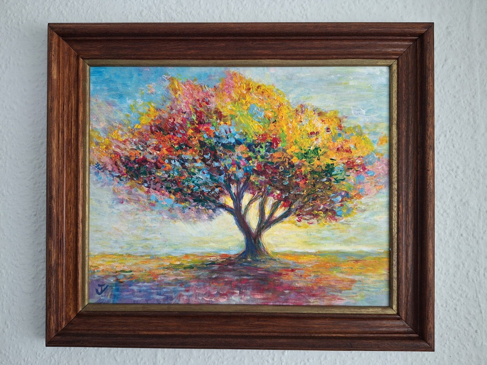 Kleurrijke boom olieverfschilderij in lijst, Ophalen of Verzenden, Olieverf, Gesigneerd, Hout
