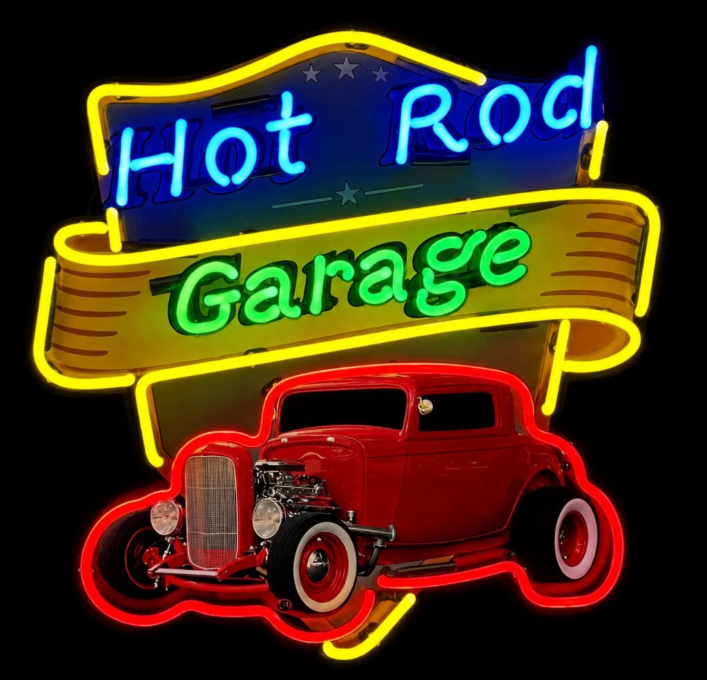 Hotrod garage neon en veel andere USA auto decoratie neons, Verzamelen, Merken en Reclamevoorwerpen, Ophalen, Lichtbak of (neon) lamp