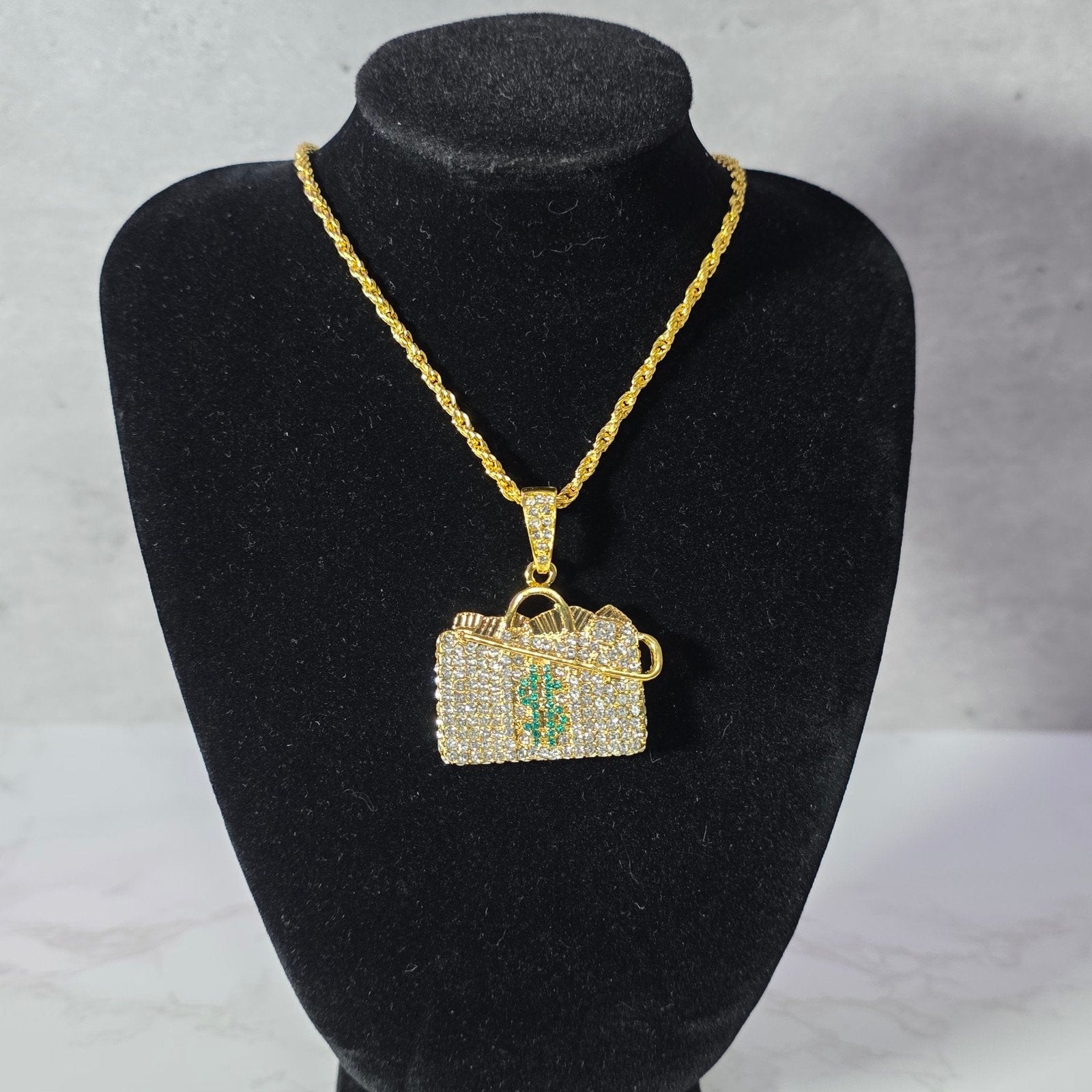Money Bag Pendant Iced-Out Chain, Ophalen of Verzenden, Nieuw, Goud, Met hanger