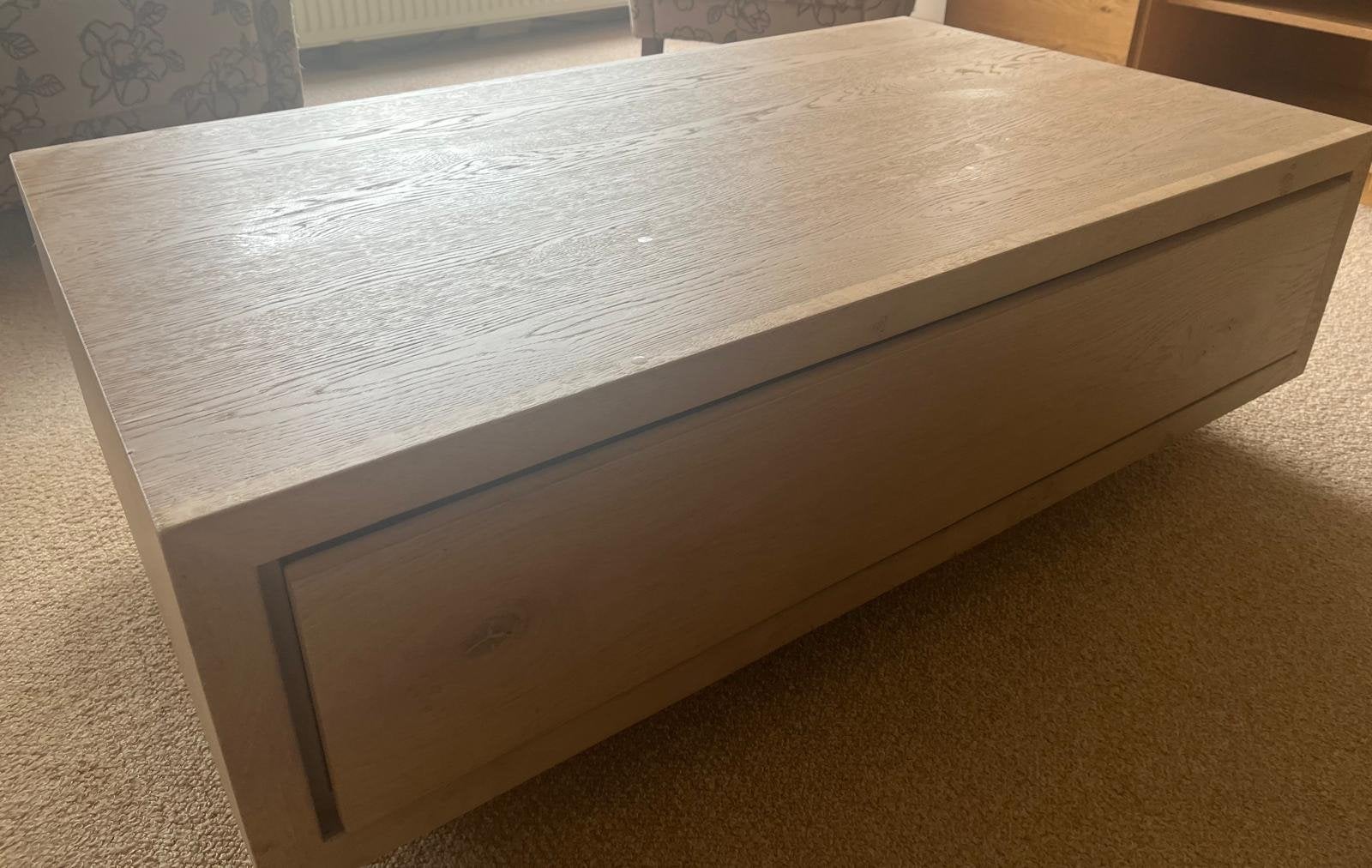 Strakke rechthoekige eiken-salontafel met lade 70x120x40 cm, 100 tot 150 cm, Zo goed als nieuw, Overige houtsoorten, 50 tot 100 cm