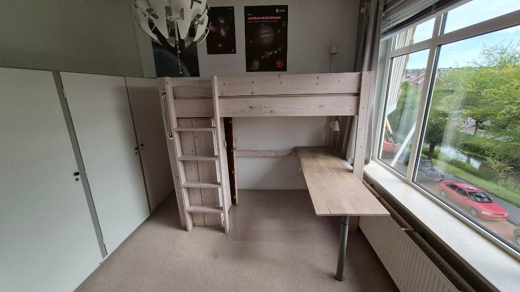 Solide Hoogslaper met buro en kast - Steigerhout, Ophalen, 90 cm, Eenpersoons, Wit