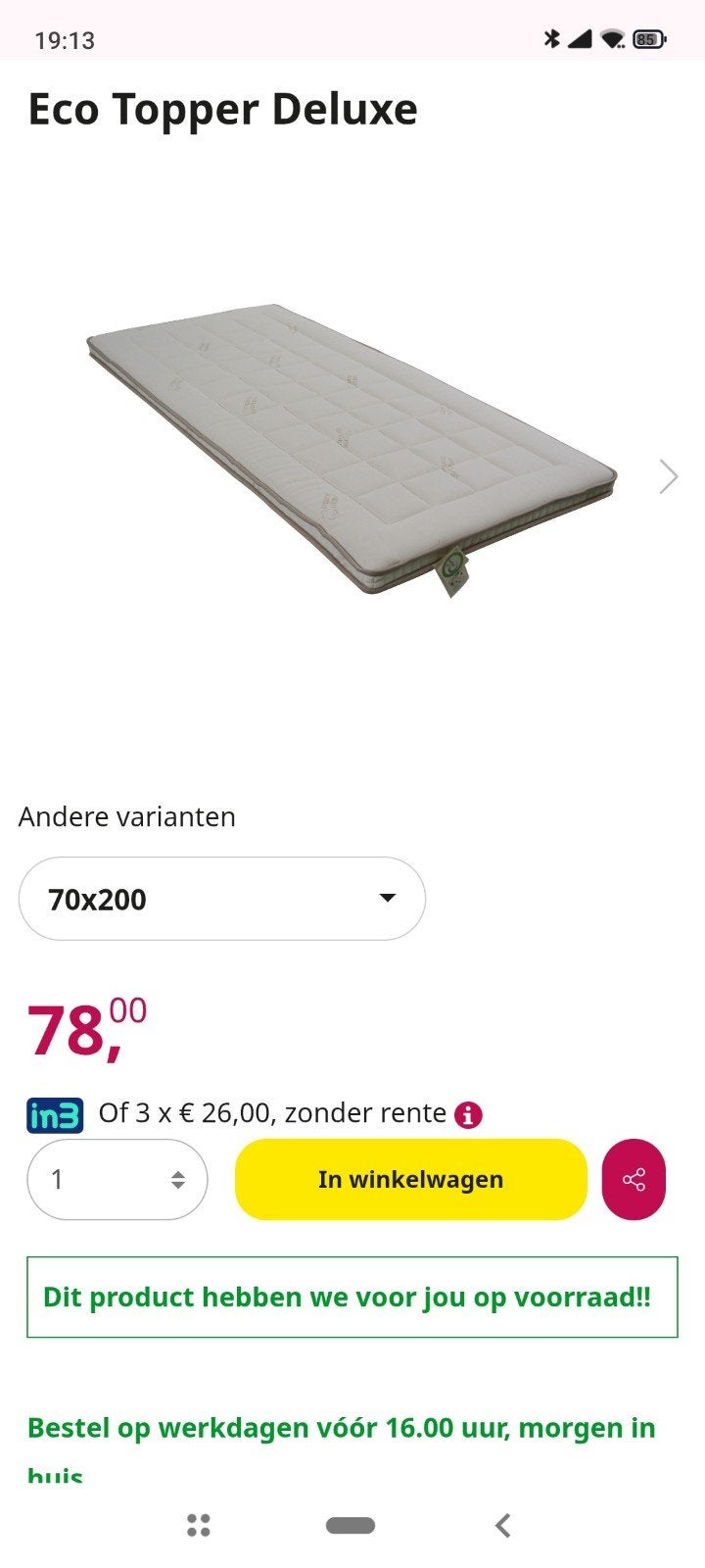Nieuwe Eco Topper Deluxe Matras 70x200, Huis en Inrichting, Slaapkamer | Matrassen en Bedbodems, Ophalen, Zo goed als nieuw, Matras