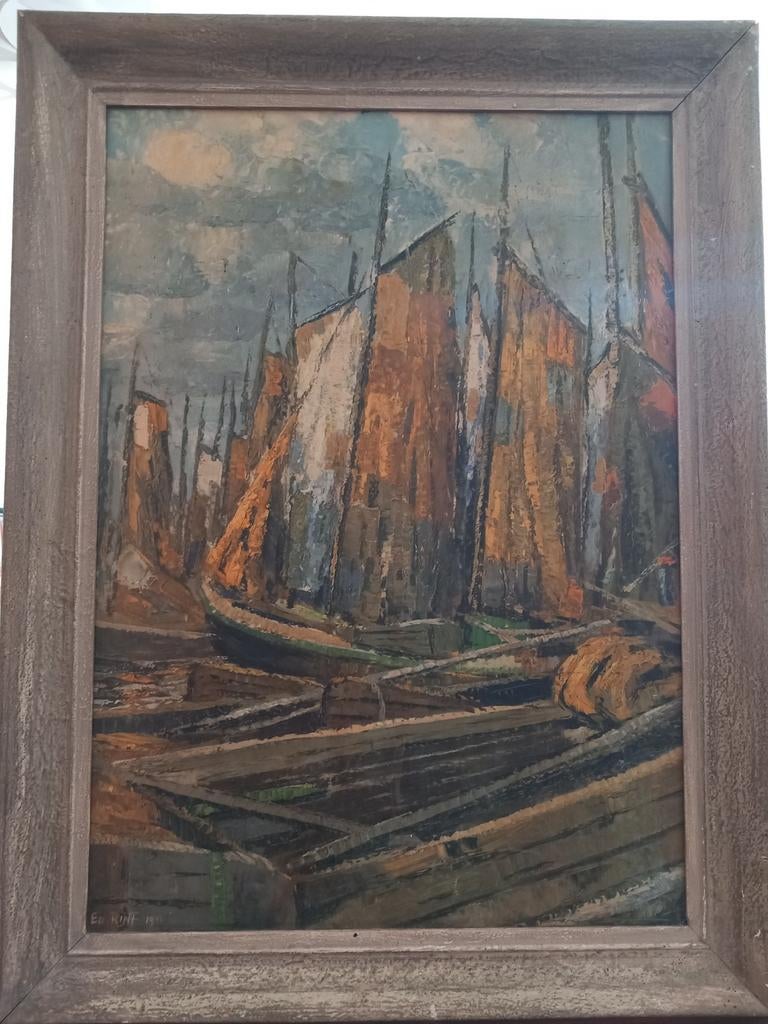 Olieverfschilderij 'Vissersboten' door Ed. Ruff, 1942, Ophalen of Verzenden