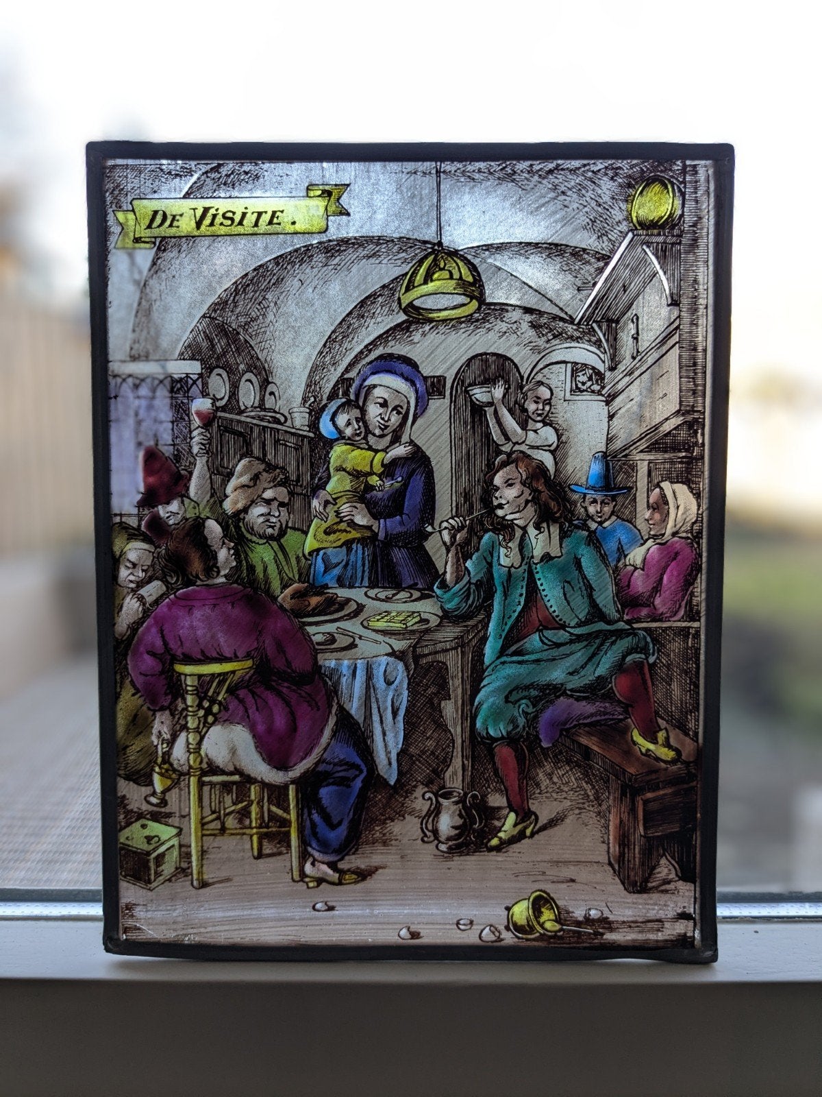 Raamdecoratie, glas in lood, "De visite", Ophalen of Verzenden, Gebruikt