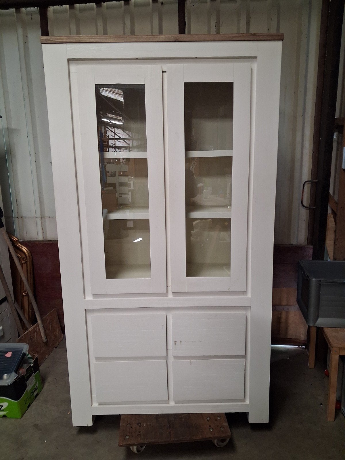 Mooie witte kast met glazen deuren en lades, Ophalen, 100 tot 150 cm, Modern landelijk, Met lade(s)