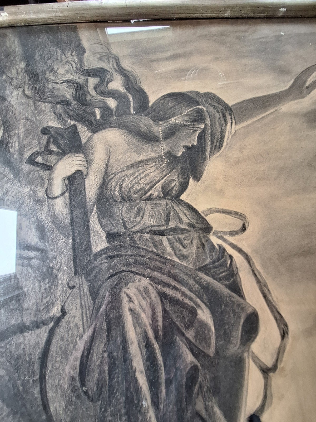 Grote Houtskooltekening Lorelei de Sirene van de Rijn,, Antiek en Kunst, Ophalen