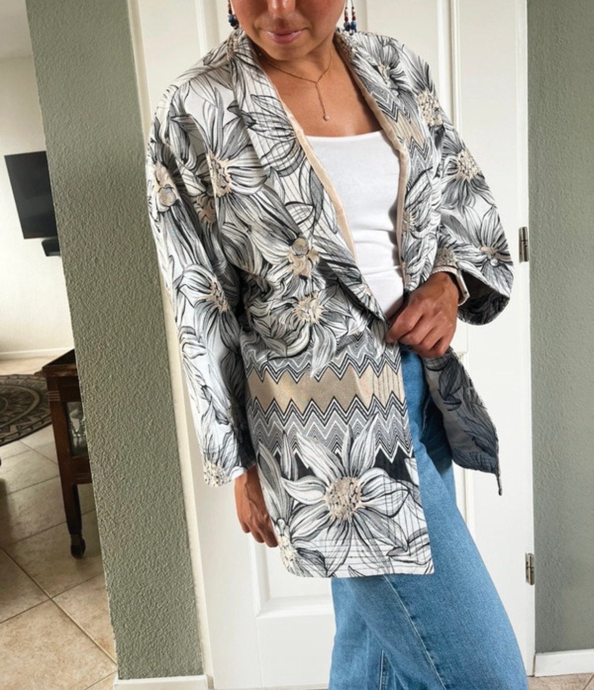 Shoeby Kimono Jasje Bloemenprint Zwart Wit Goud Maat S/M, Ophalen of Verzenden, Zo goed als nieuw, Maat 36 (S), Meerkleurig