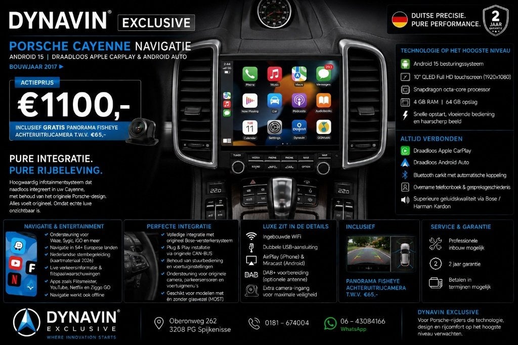 porsche cayenne autoradio navigatie carkit android auto, Ophalen of Verzenden, Dynavin, VERKOOP@INBOUWNAVIGATIE.COM, Oberonweg 262 3208pg