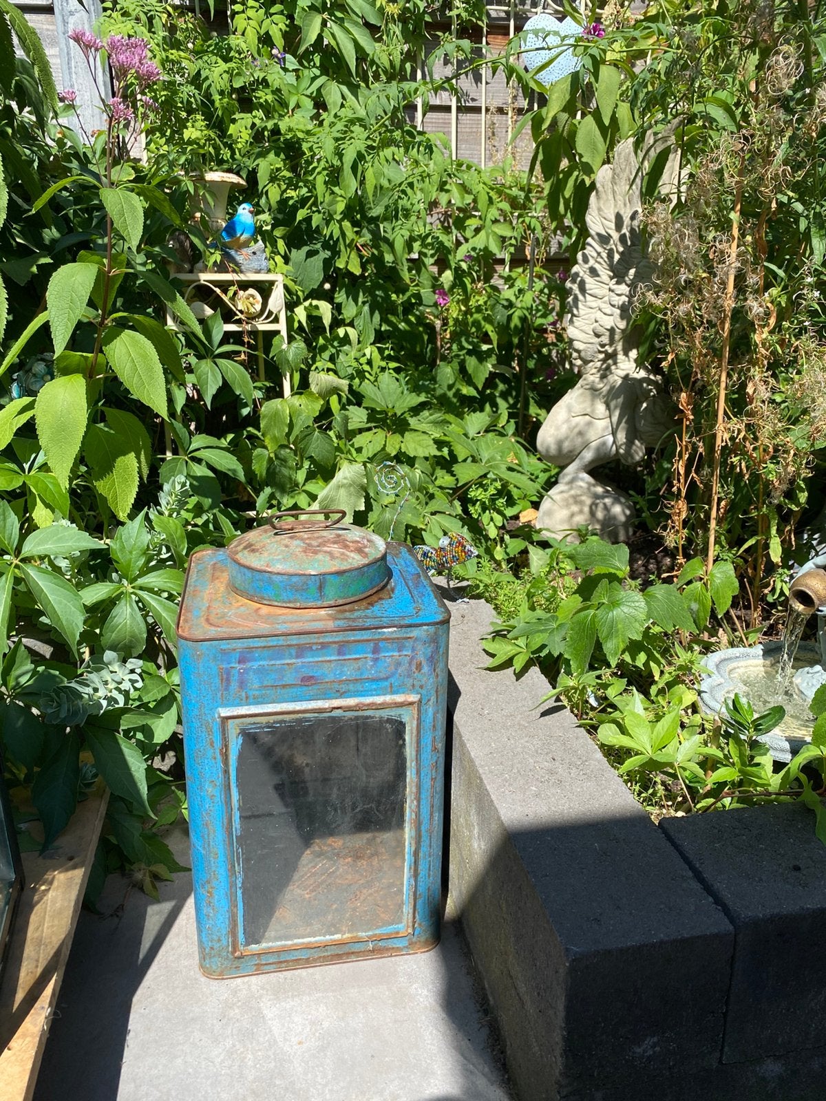 Oud, vintage blauw kroepoek blik, in prijs verlaagd!, Windlicht, Gebruikt, Blauw, Overige merken