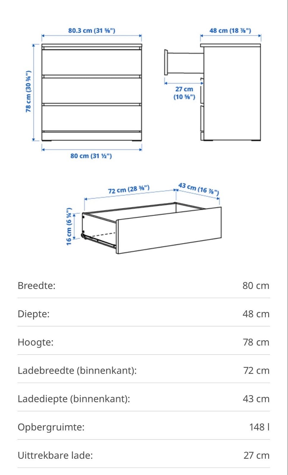 IKEA MALM Ladekast 3 lades, wit gelazuurd eikenfineer, Ophalen, Eikenhout, 50 tot 100 cm, Zo goed als nieuw