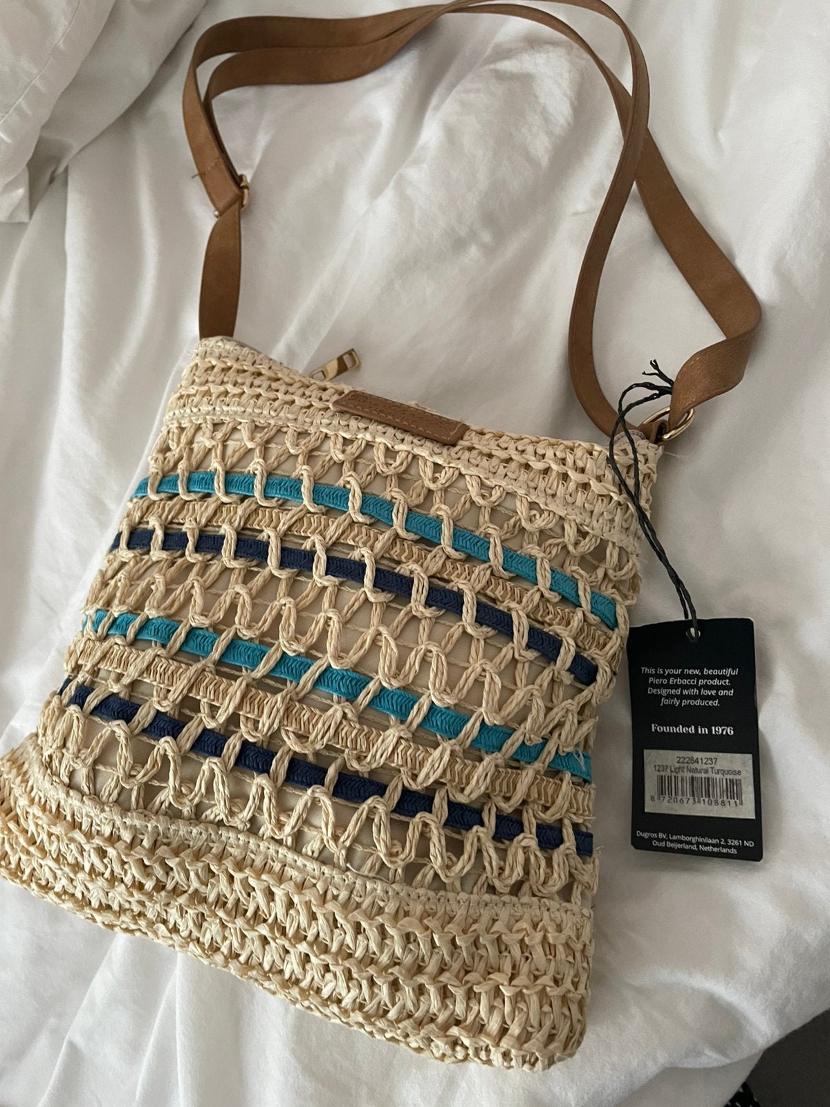 Ibiza stylle Nieuw   beige met blauw rieten  tasje, Ophalen of Verzenden, Nieuw, Beige, Schoudertasje