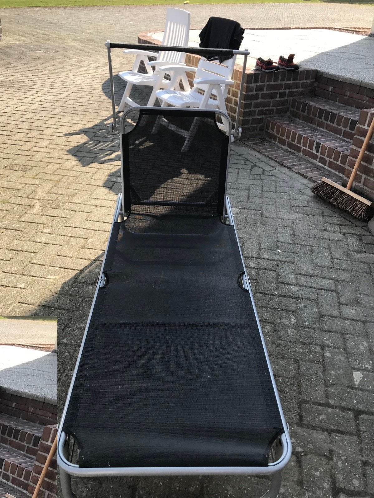 Ligbed met zonnescherm - Zwart/Zilver, Ophalen, Gebruikt, Metaal, Verstelbaar