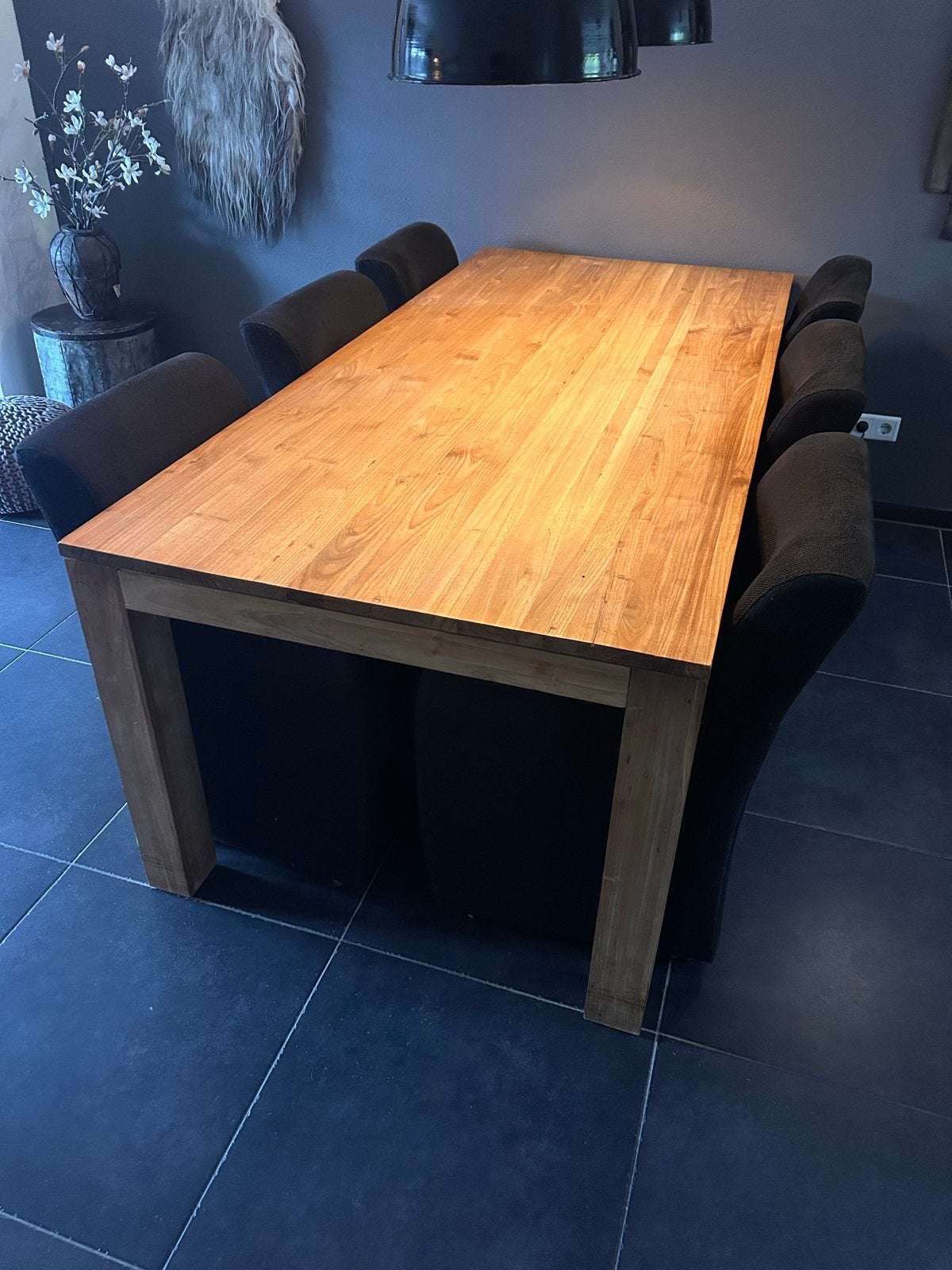 Teakhouten eettafel (220x100) met 6 stoelen, Ophalen, Gebruikt, Teakhout, 200 cm of meer