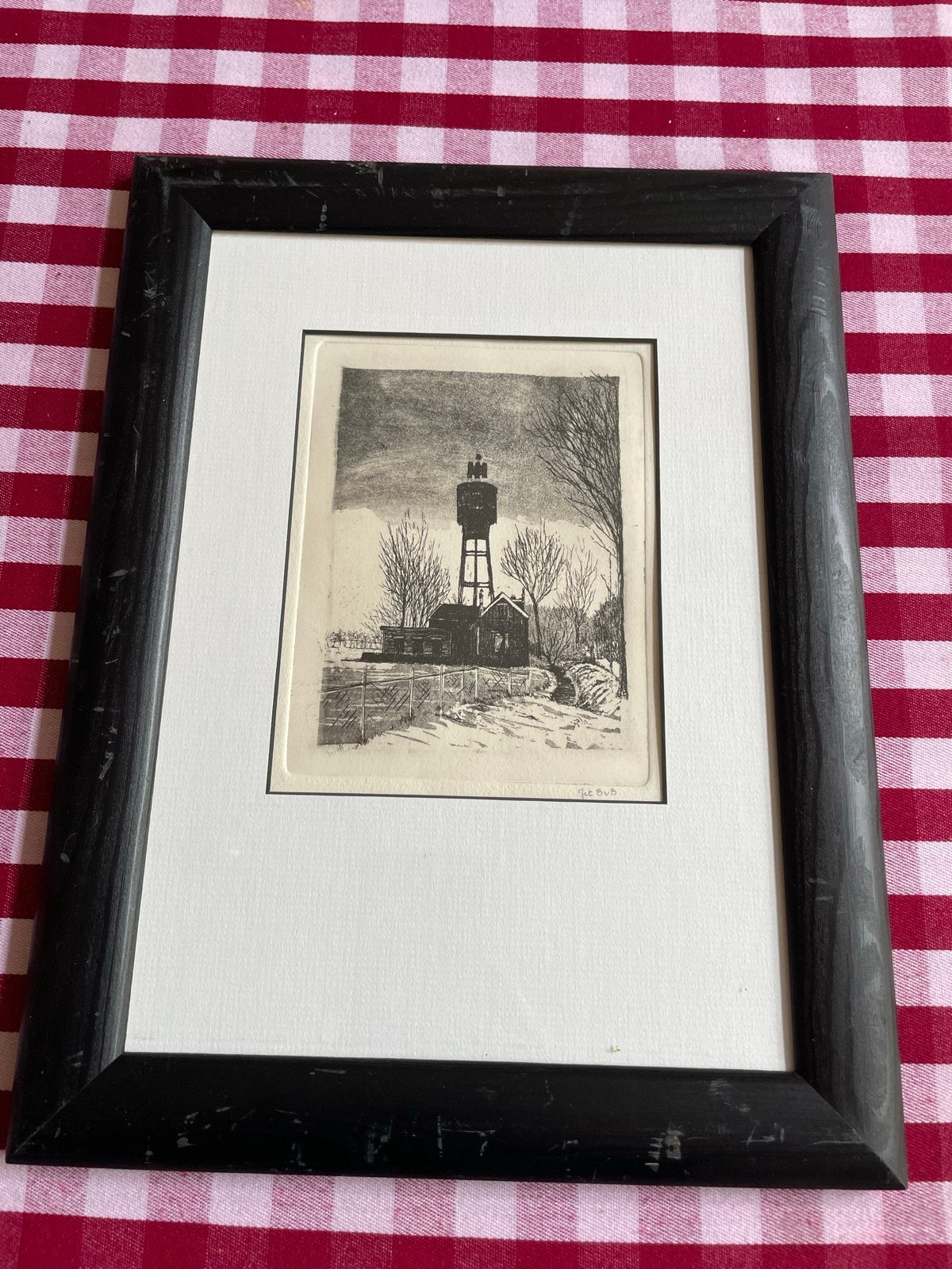 Ets Watertoren Voorburg door Jet BvB (Jet van den Berg), Stadsgezicht, Ophalen of Verzenden, Gesigneerd, 1950 - 1999