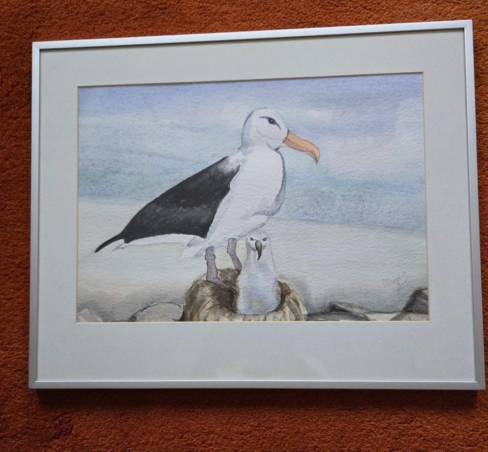 Aquarel Schilderij: Albatros met Kuiken, Antiek en Kunst, Ophalen