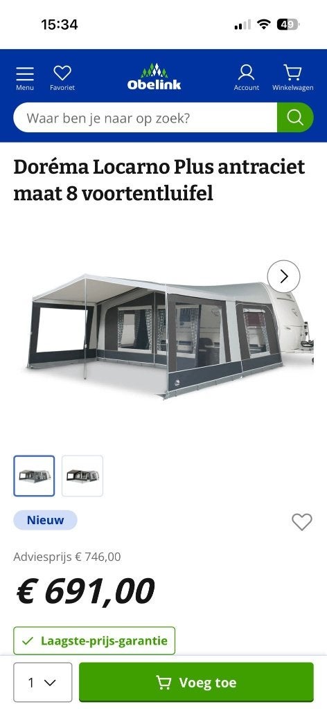 Dorema Locarno Plus voortentluifel maat 8, Ophalen, Zo goed als nieuw