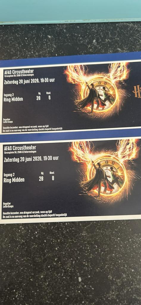 2 kaarten harry potter de musical op zaterdag 20 juni 19:30, Ophalen of Verzenden, Zo goed als nieuw, Meerdere kaarten