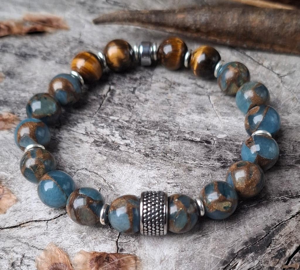 Nieuwe 10mm herenarmband van Cloisonne en Tijgeroog., Sieraden, Tassen en Uiterlijk, Armbanden, Overige materialen, Met bedels of kralen