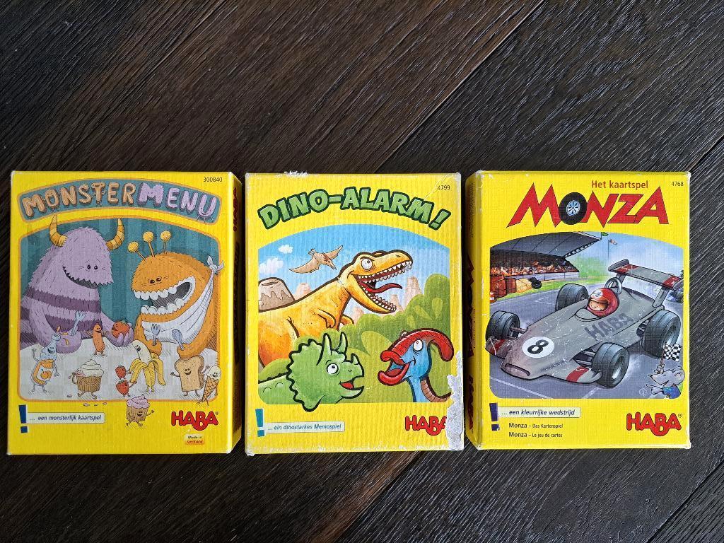 3x Haba spellen Monsetr menu, Dino alarm & Monza, Ophalen of Verzenden, Zo goed als nieuw