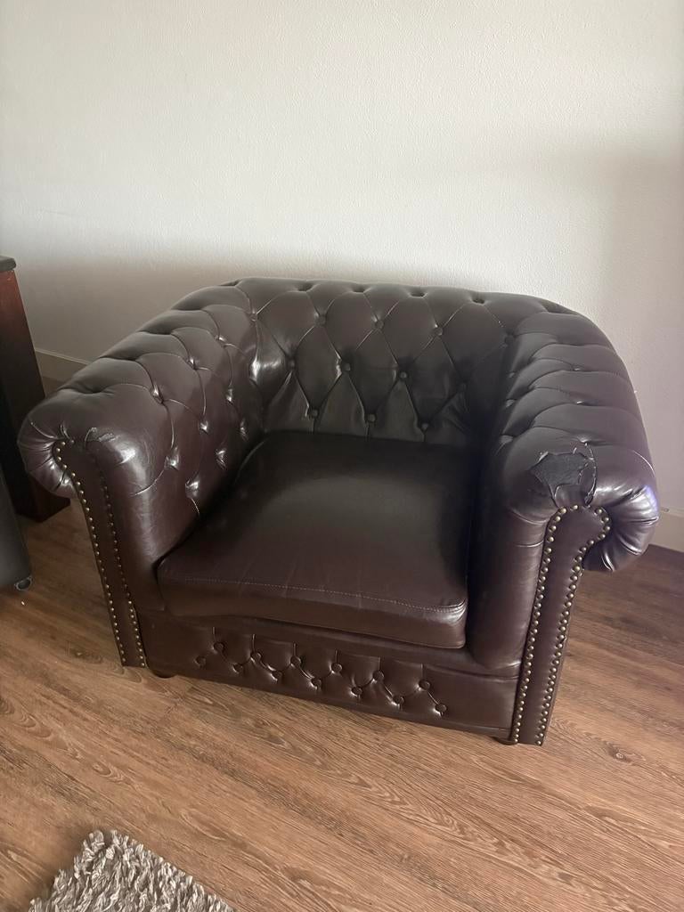 Bruine lederen fauteuil, Huis en Inrichting, Fauteuils, Gebruikt, Leer, 75 tot 100 cm, Ophalen