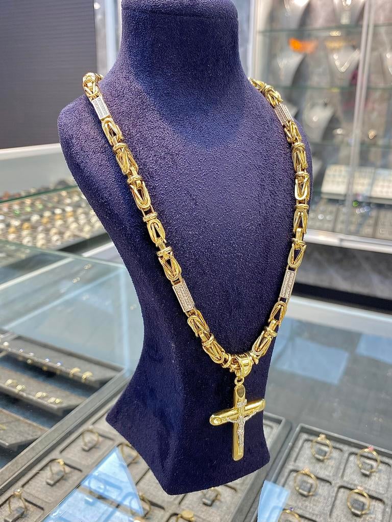 14k Gouden Koningsketting & Kruis, Sieraden, Tassen en Uiterlijk, Kettingen, Nieuw, Goud, Goud, Met edelsteen, Verstelbaar, Ophalen of Verzenden