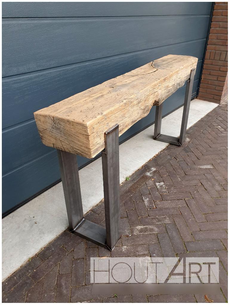 Sidetable / bijzettafel oud eiken bielzen upoot, Info@hout-art.nl, Ophalen of Verzenden, Industrieel, Hout-Art