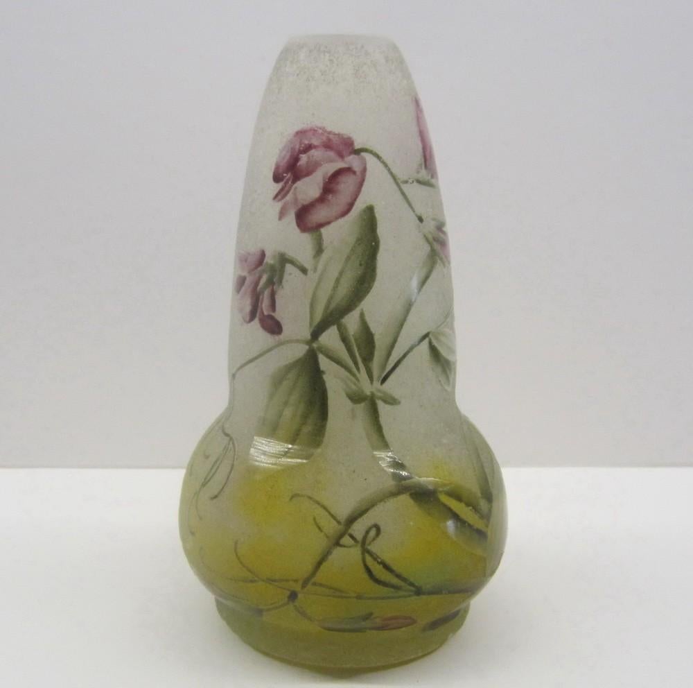 Antiek Daum Nancy vaasje, pronkerwten, ca 1910, Antiek en Kunst, Antiek | Glas en Kristal, Verzenden