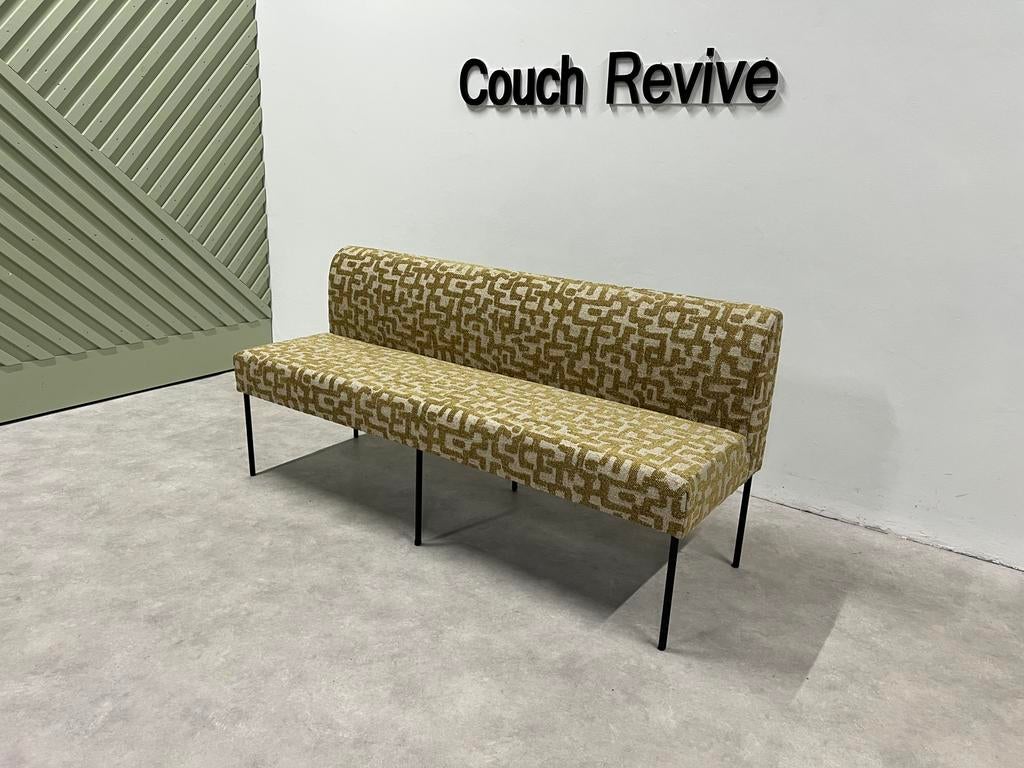 Design eetkamerbank geel / wit, direct leverbaar 180x60, Ophalen of Verzenden, Zo goed als nieuw, Vierpersoons of meer, Stof