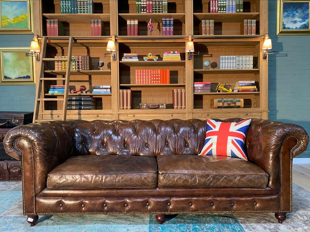 Stoere Chesterfield bank vintage cognac GRATIS BEZORGD, Gebruikt, Ophalen of Verzenden, Rechthoekig, Leer