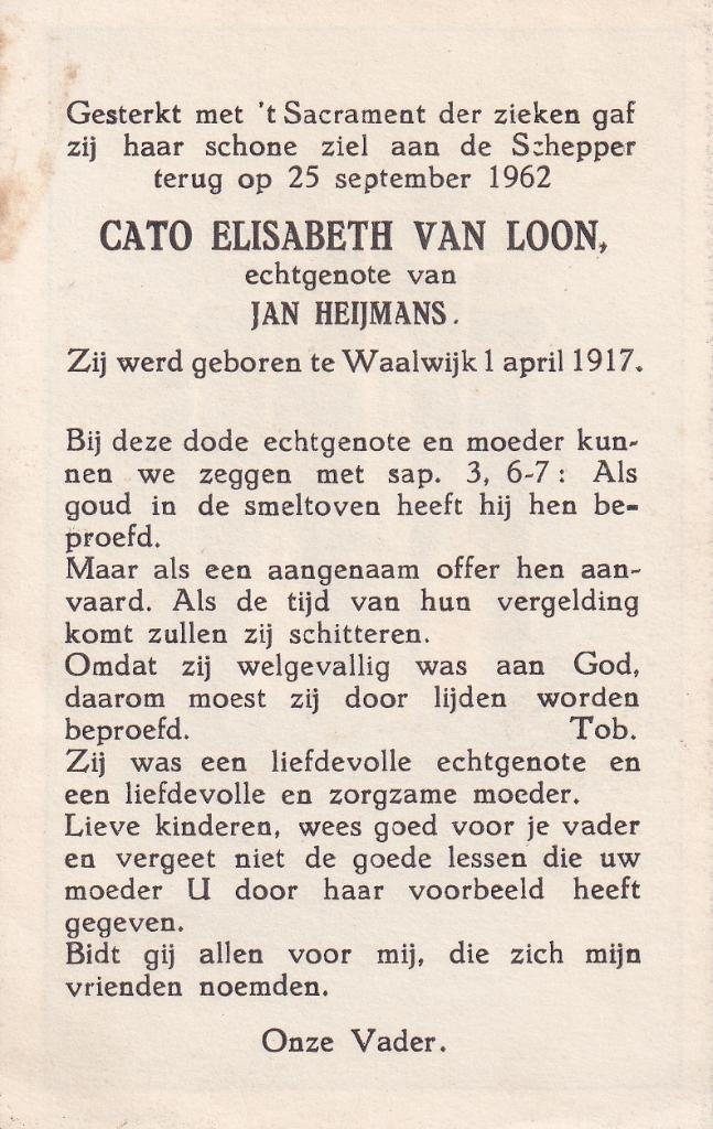 Loon Cato 1917 Waalwijk  1962, Ophalen of Verzenden, Bidprentje