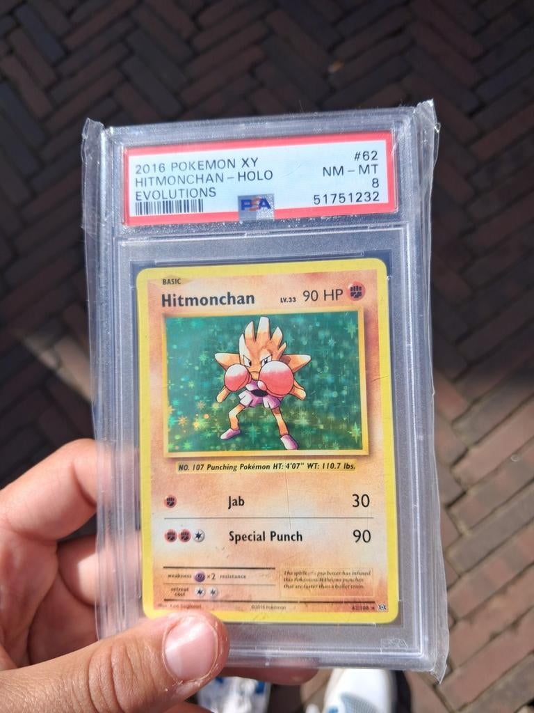 Zeldzame Hitmonchan Holo Pokemonkaart PSA 8 (2016 XY Evoluti, Ophalen of Verzenden, Zo goed als nieuw, Losse kaart, Foil