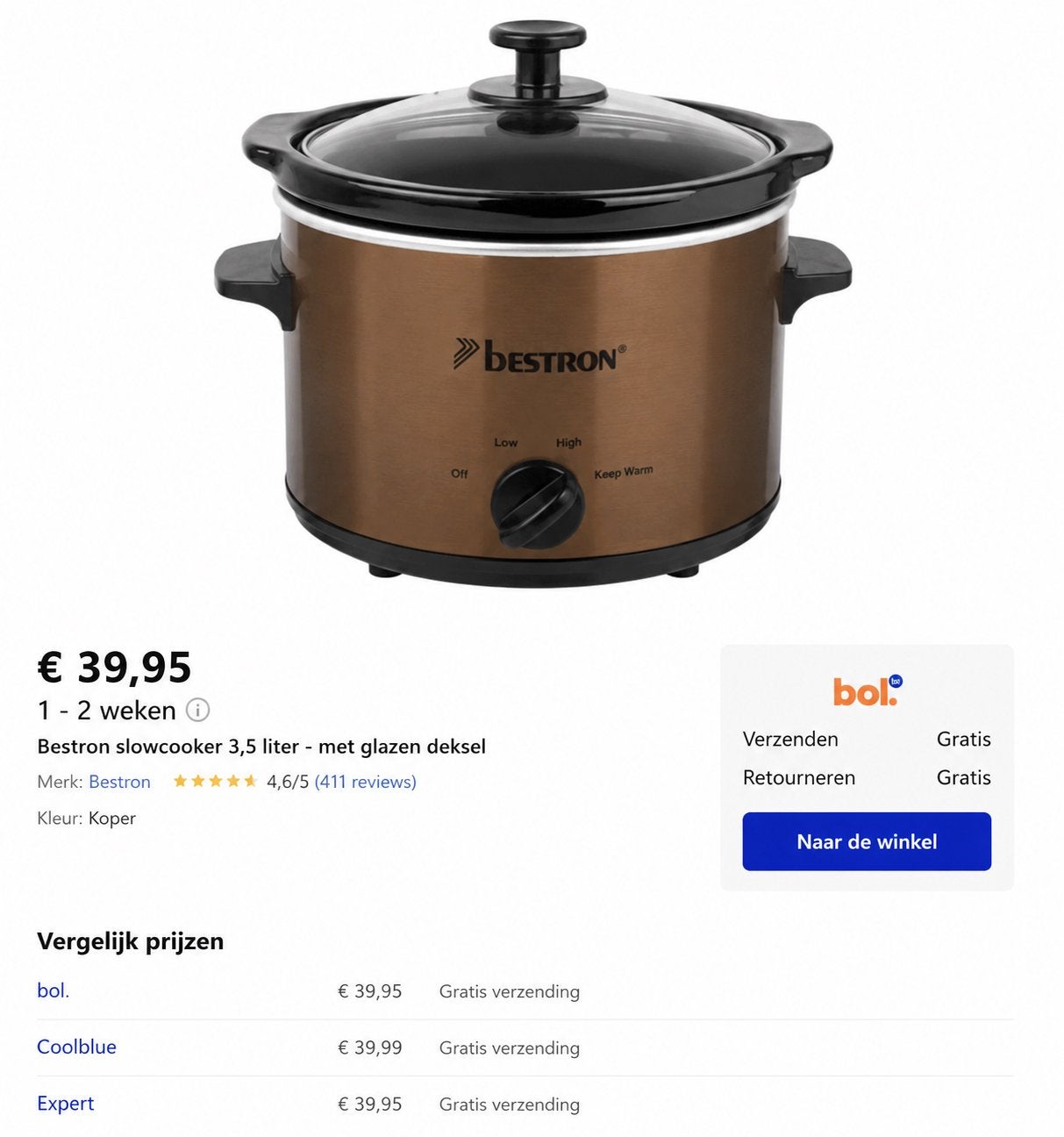 Bestron slowcooker 3,5 liter - Koper met glazen deksel, Witgoed en Apparatuur, Slowcookers, Ophalen of Verzenden, Zo goed als nieuw